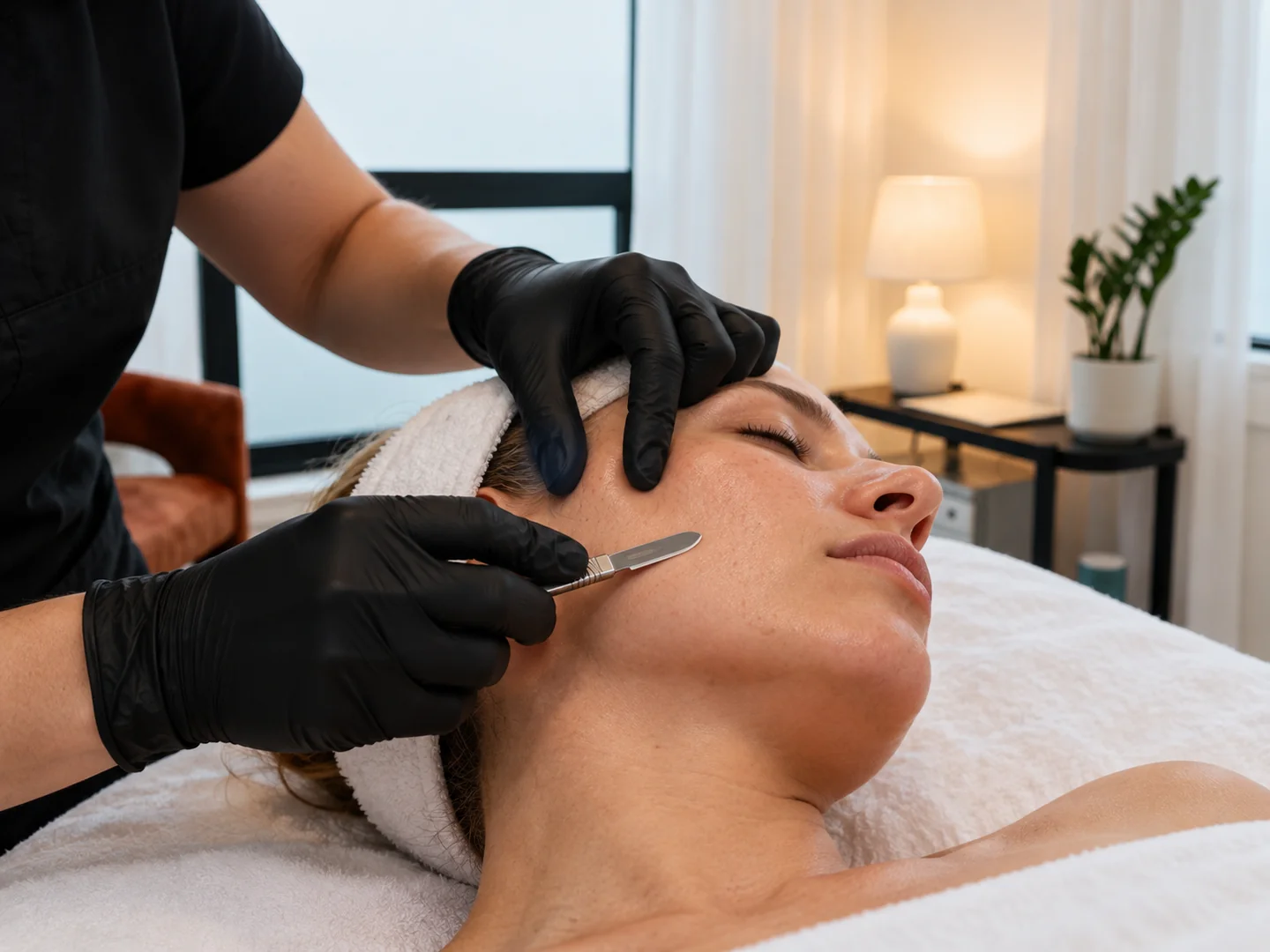 Detail of gentle professional dermaplaning along the cheek