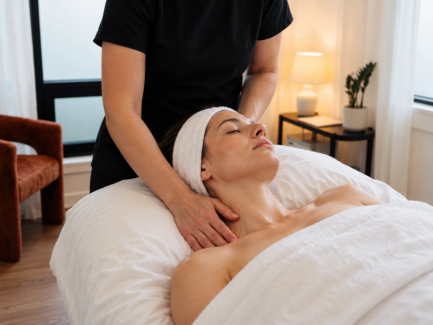Relaxing neck and shoulder massage during a facial