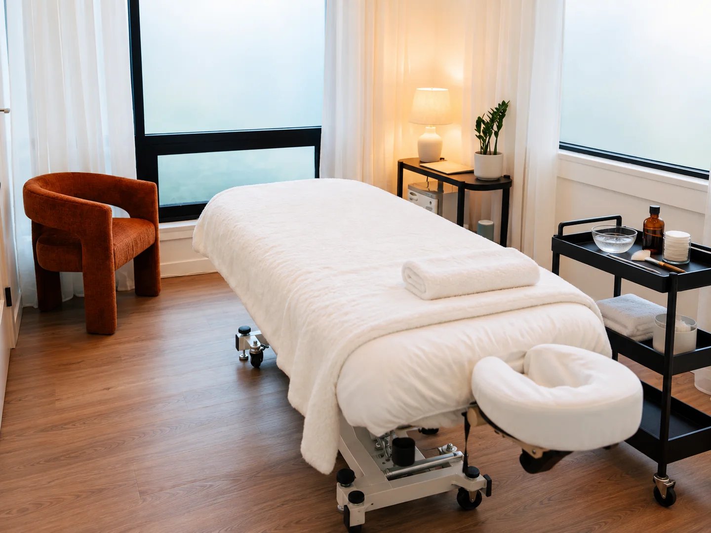 White linen treatment bed prepared with professional peel supplies
