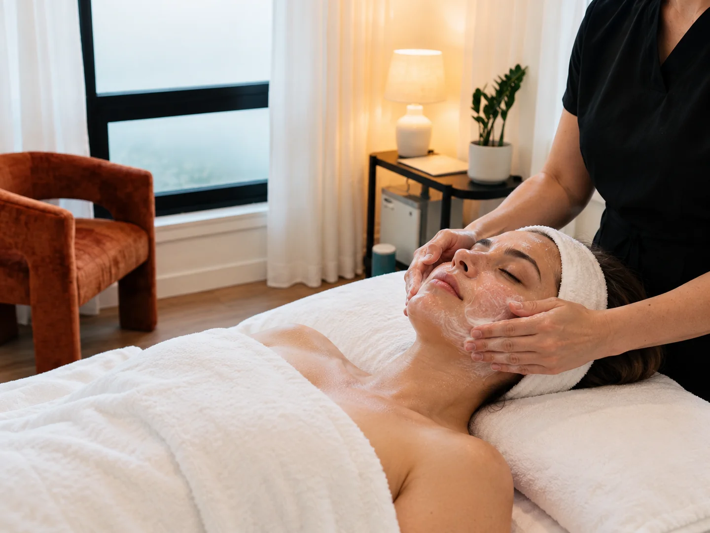 Gentle facial cleansing in a softly lit treatment room