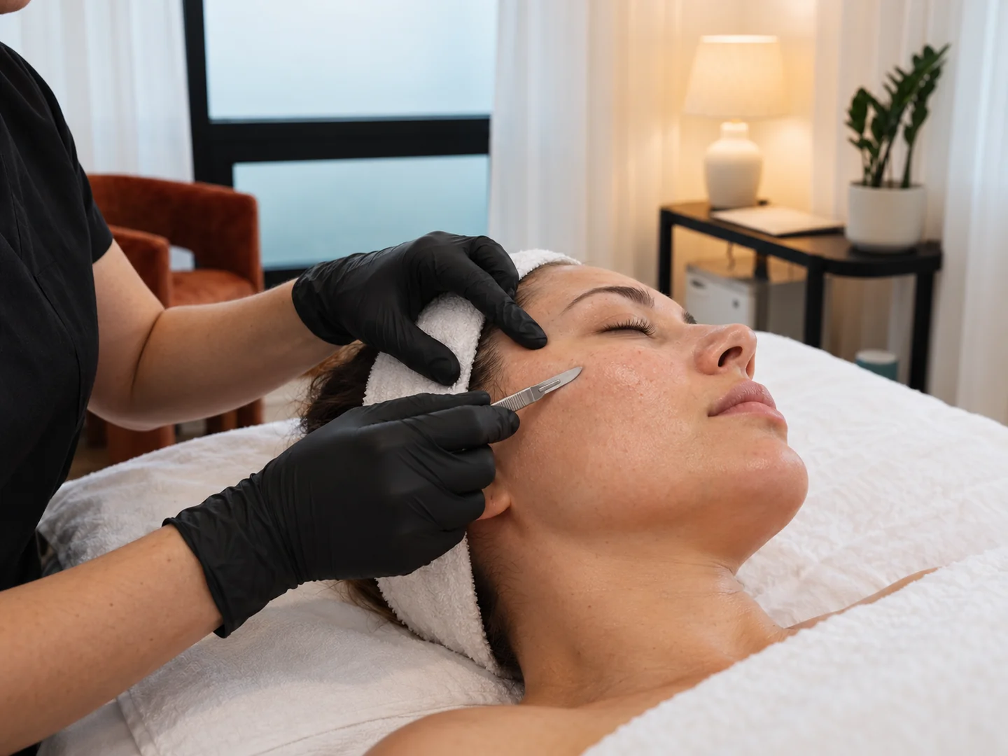 Close view of professional dermaplaning on a client’s cheek