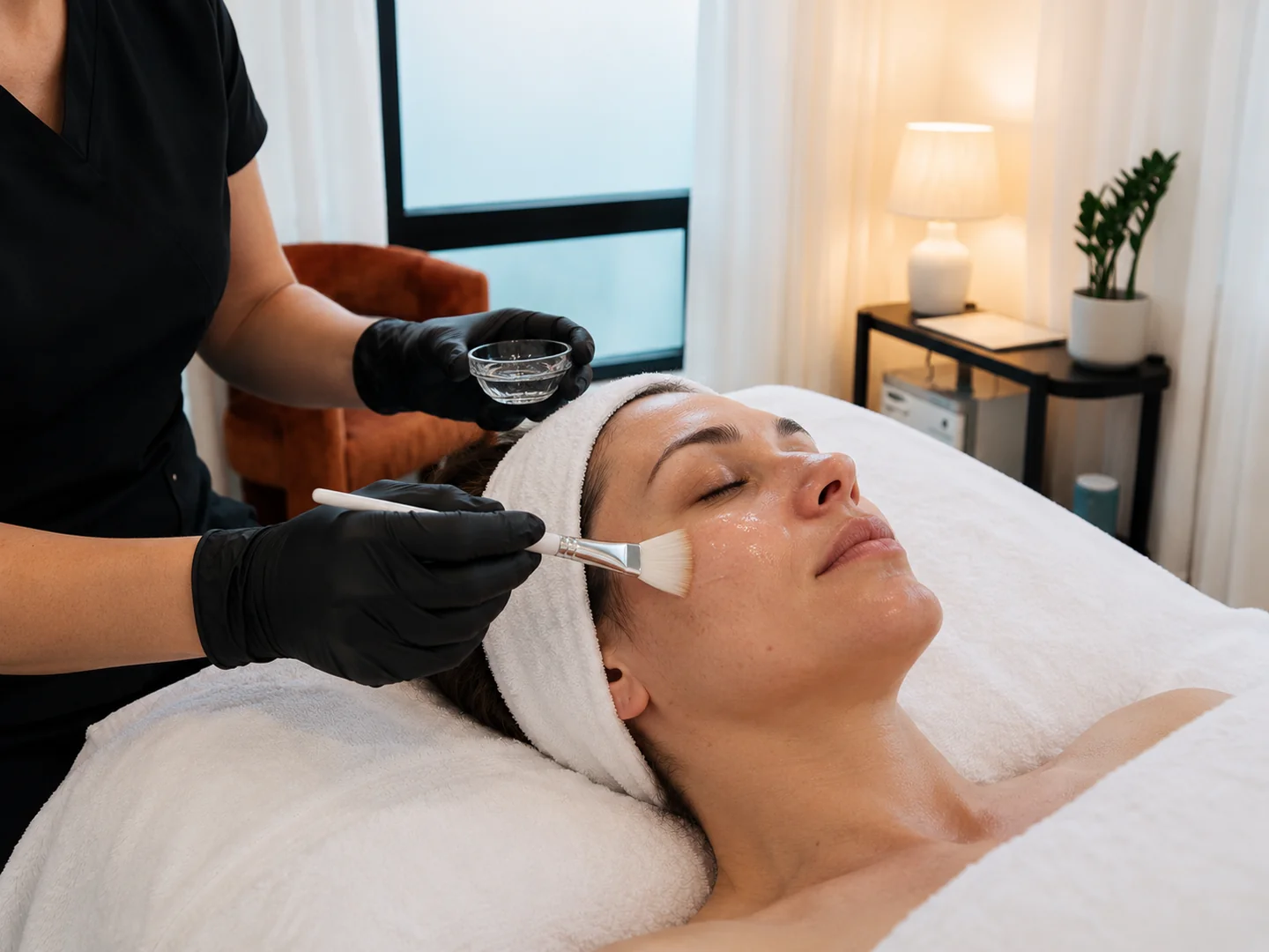 Close view of a targeted facial peel application