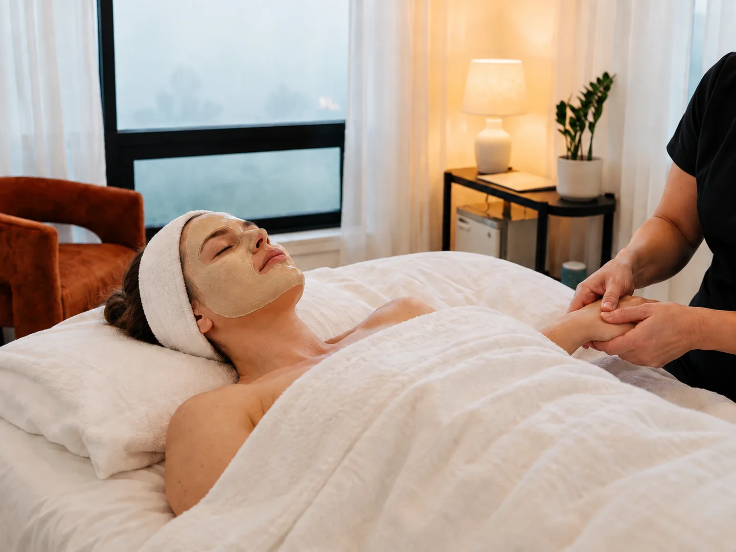 Hand massage while a firming facial mask rests