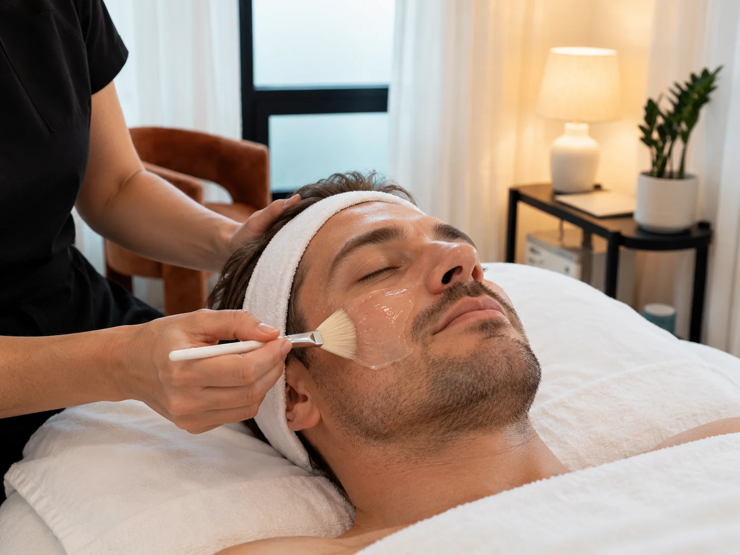 Hydrating facial mask applied to a male client’s cheek
