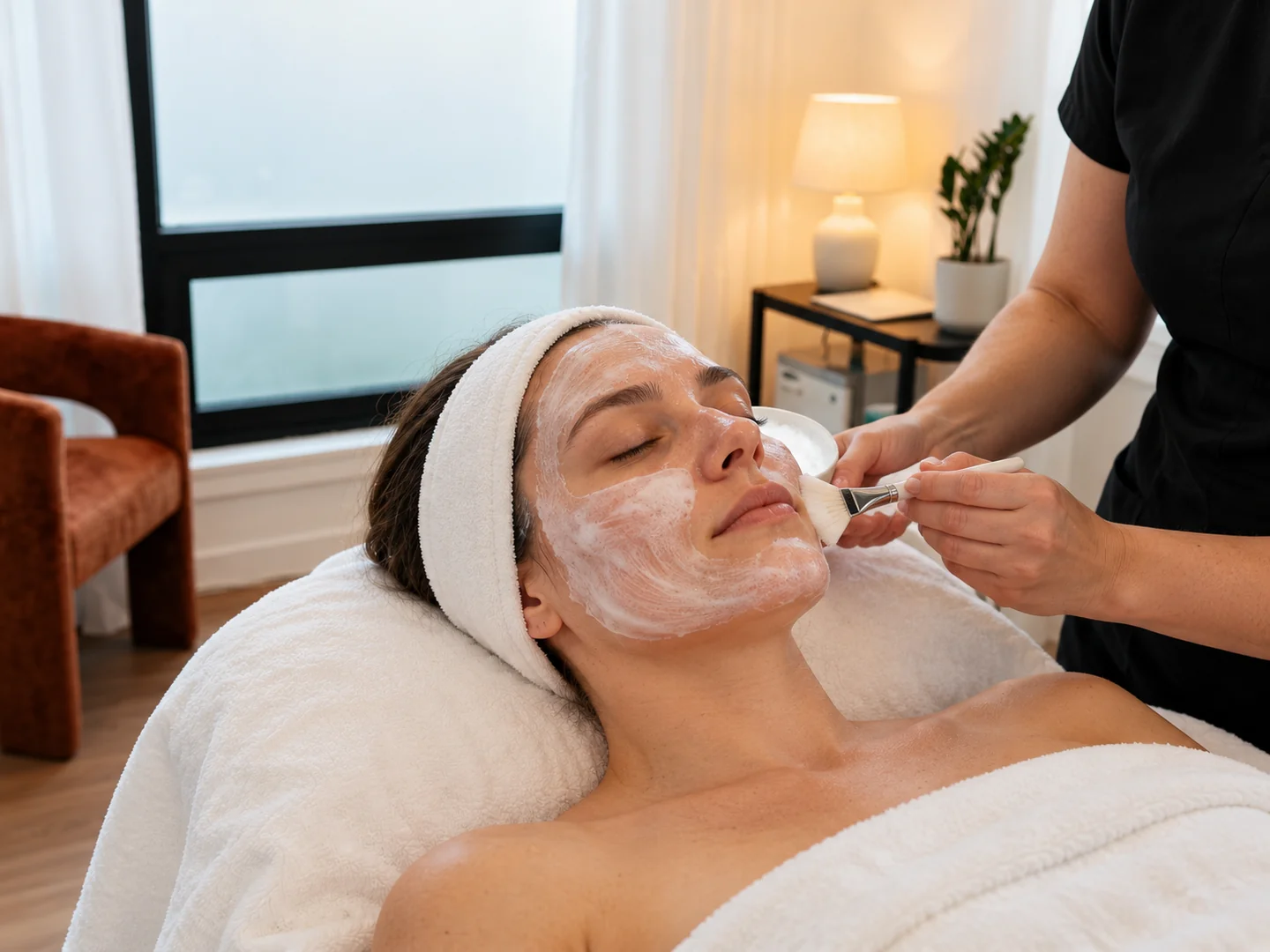 White oxygen facial mask applied with a soft brush