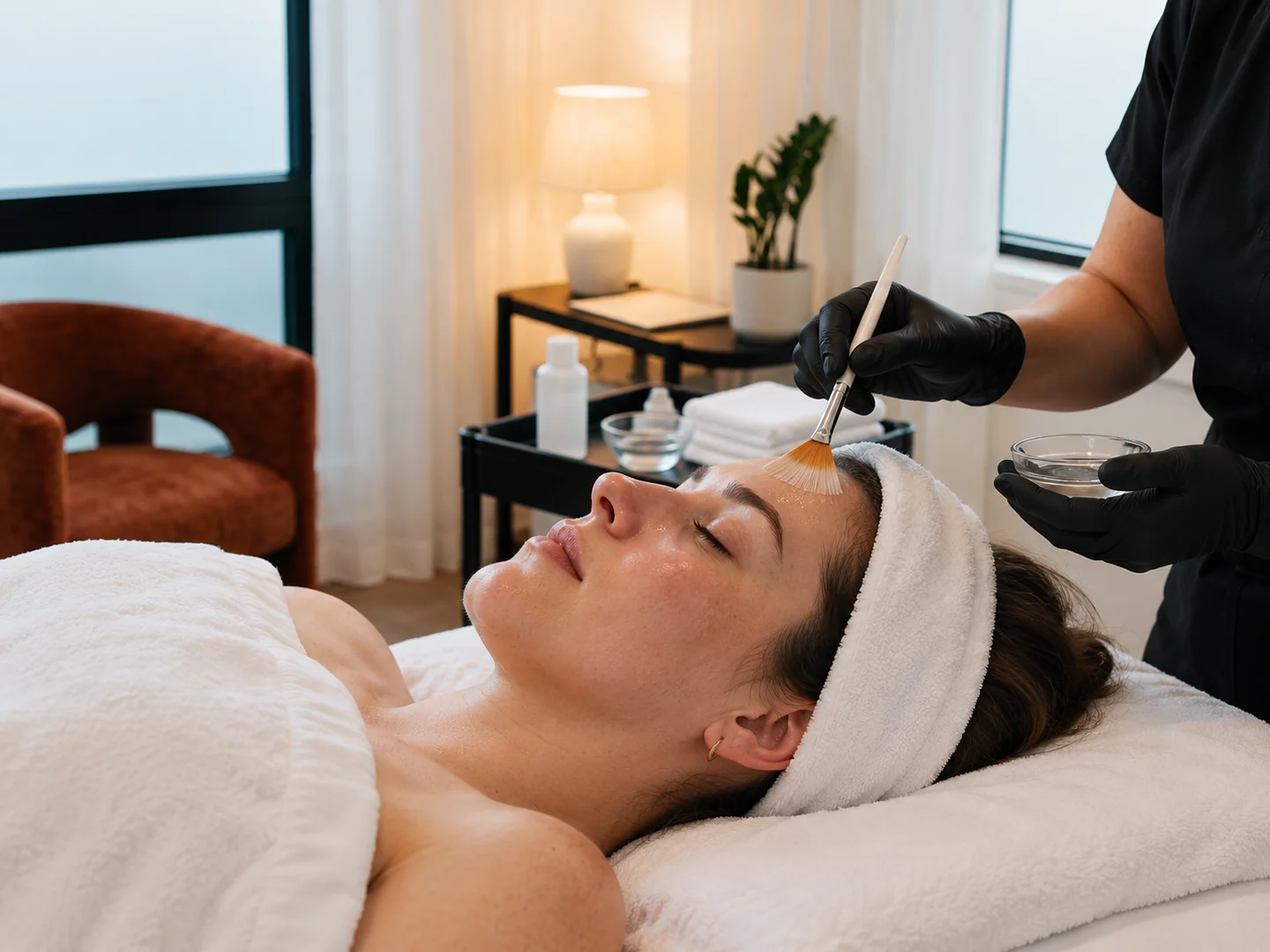 Clear facial peel applied with a soft fan brush