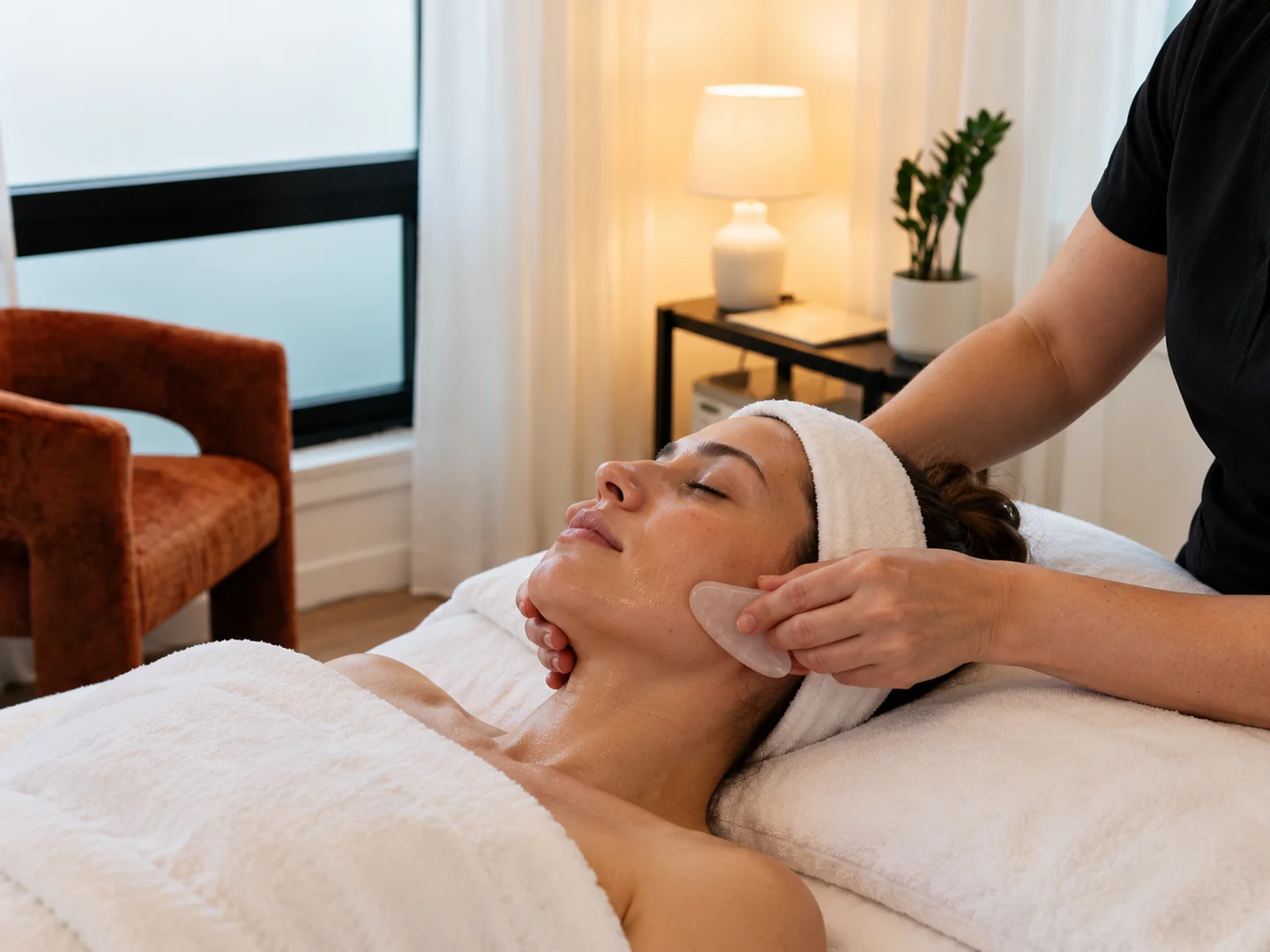 Relaxing facial massage along a client’s jaw