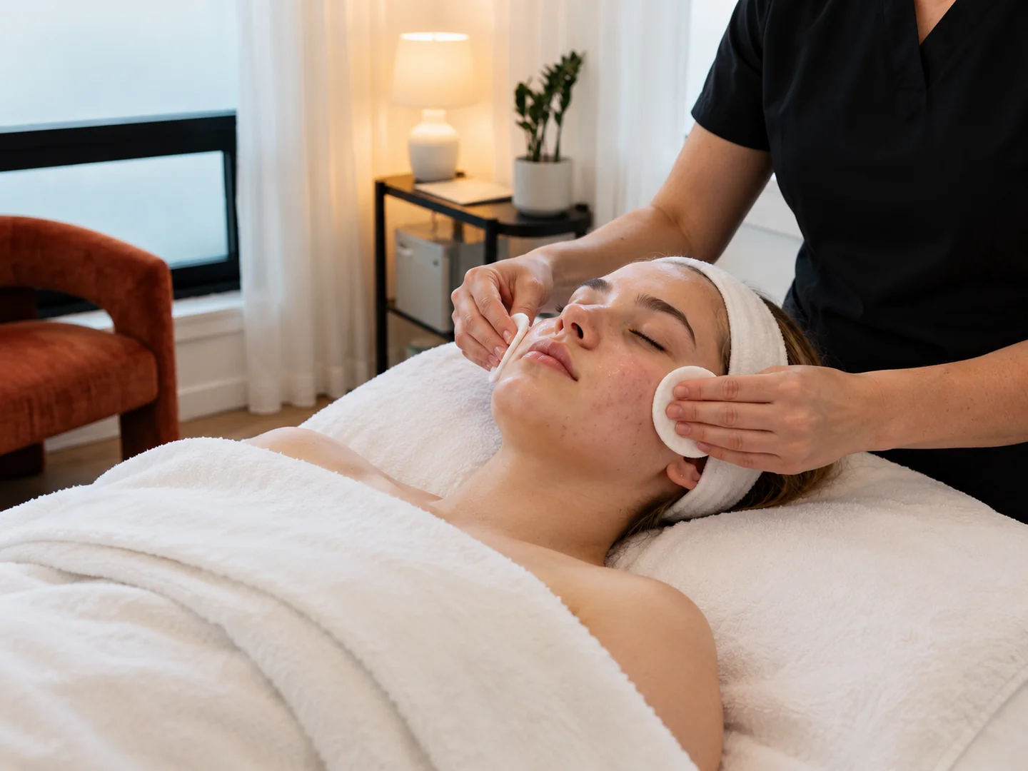 Gentle cleansing for a young client with a towel headband