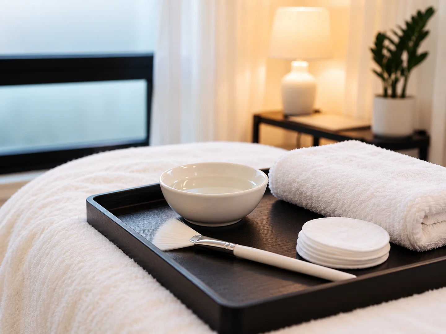 Fan brush, peel solution and folded towels prepared for an upper back treatment